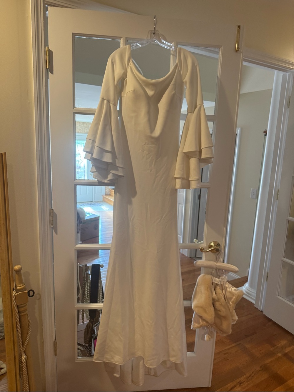 Jovani Cream Long-Sleeve Mermaid Gown with Tiered Bell Sleeves